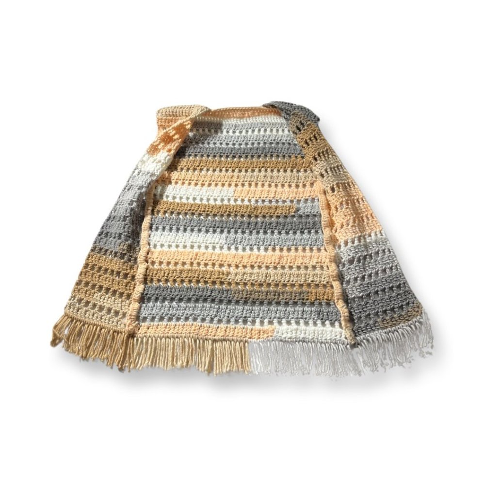 Boho Hand Crocheted Long Open Vest with Fringe in Autumnal Colors - Picture 4 of 8